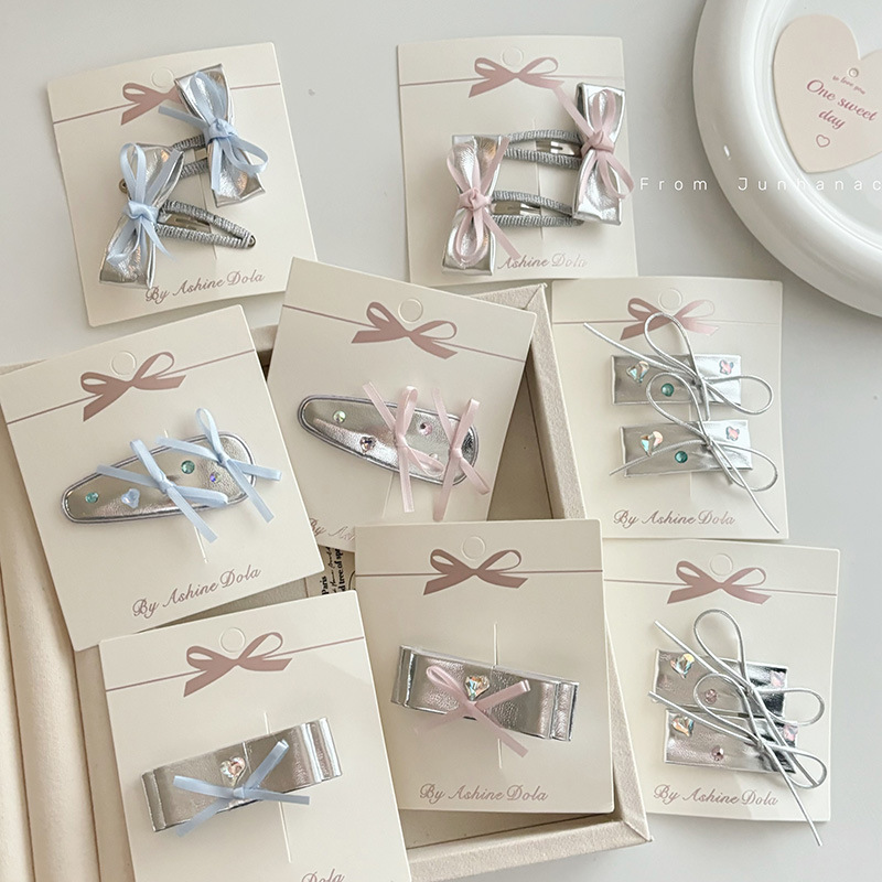 silver Water Drops Sweet Ribbon Bow Hairpin Broken Hair Bangs Clip Silver Glittering Diamond Advanced Hair Accessories