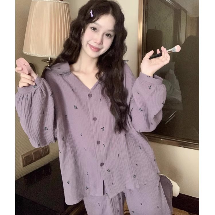 韩系复古紫色碎花云朵棉睡衣女春秋V领长袖长裤网红风家居服套装|undefined