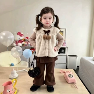 儿童装女童套装毛毛马甲加毛衣打底裤三件套26秋冬装新款外贸服装