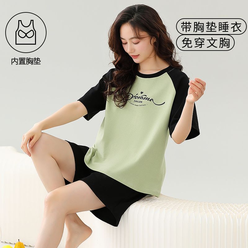 Venta al por mayor transfronteriza verano nuevos pijamas de estilo caliente para mujer, correa de algodón de imitación, almohadilla para el pecho, pantalones cortos de manga corta, traje casual