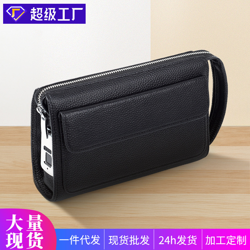 真皮指纹锁男包时尚休闲手抓包潮流商务便携防盗牛皮男士手拿包