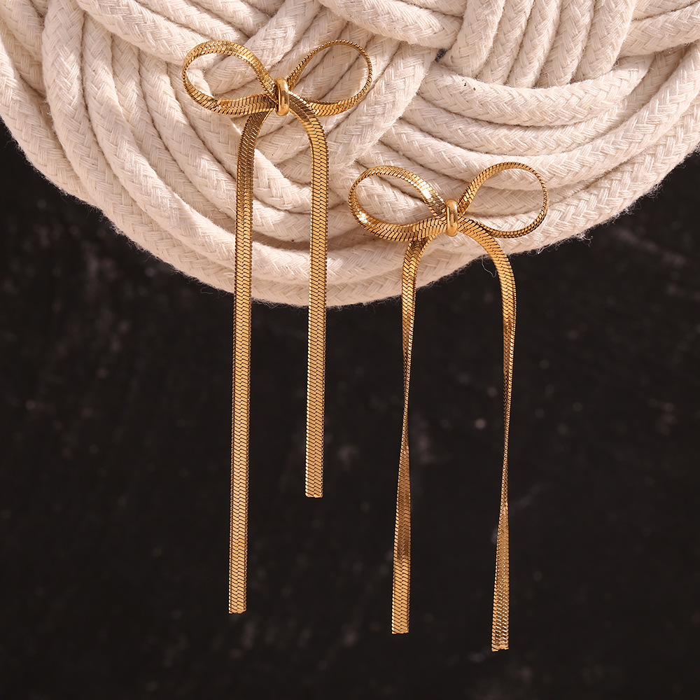 Gold Color Blade Chain Bow Stainless Steel Earrings