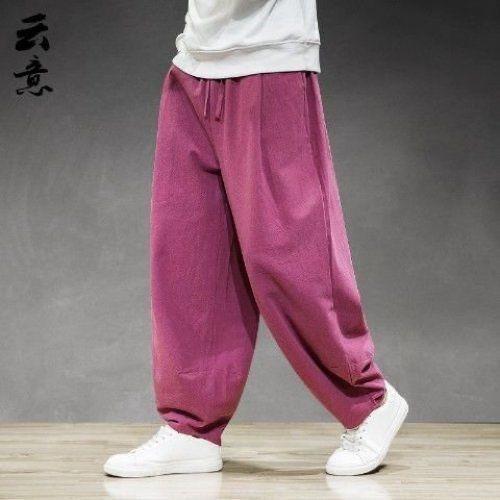 Pantalones largos de lino fino de primavera y verano de estilo chino, pantalones largos de pierna ancha de talla grande más gordos, pantalones harem casuales de algodón y lino