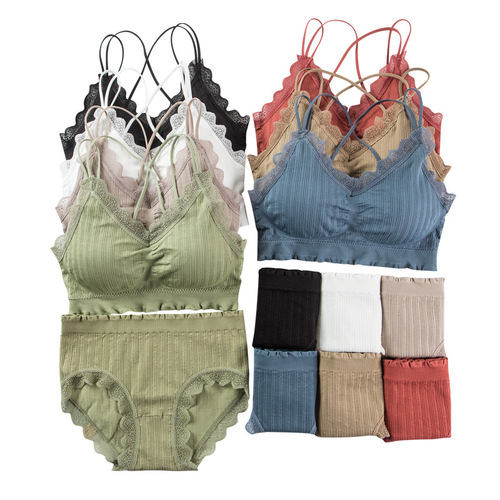 2025 Wire-Free Ruffled Crossed Back Bra Set Sexy V-Neck Lace Backless Underwear Set