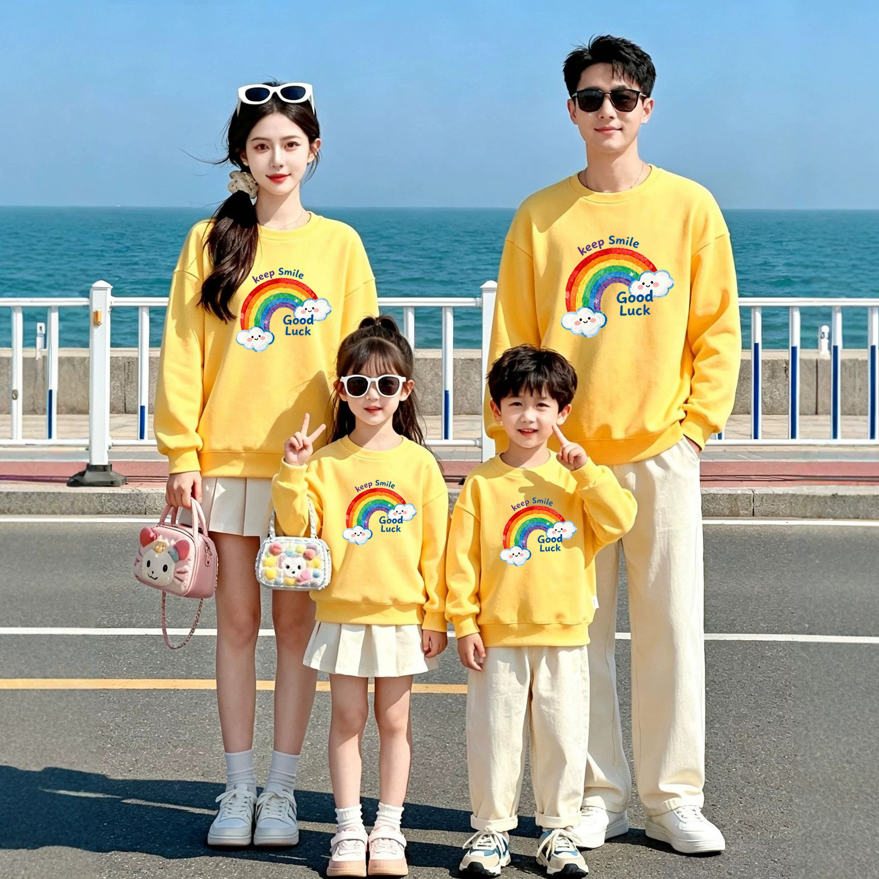 Parent-child children's sweatshirt for autumn and winter activities, class uniforms for kindergarten and elementary school students, school celebration and sports day rainbow smiley face outfit