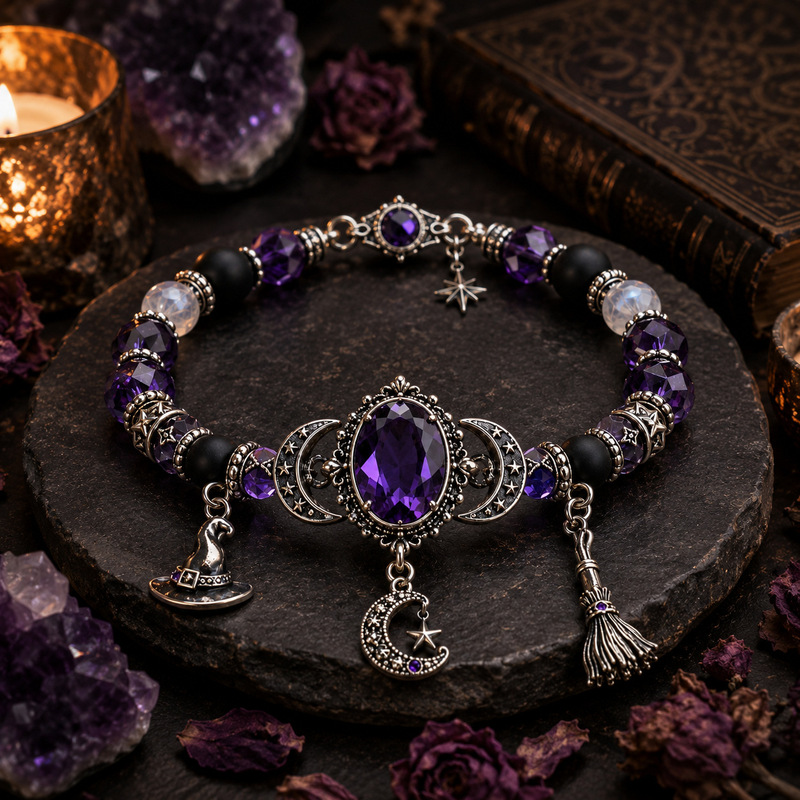 Halloween Bracelet in Antique Bronze Color with Witch, Star, Moon, Magic Broom, and Moon Pendant, Magic Amethyst Bracelet