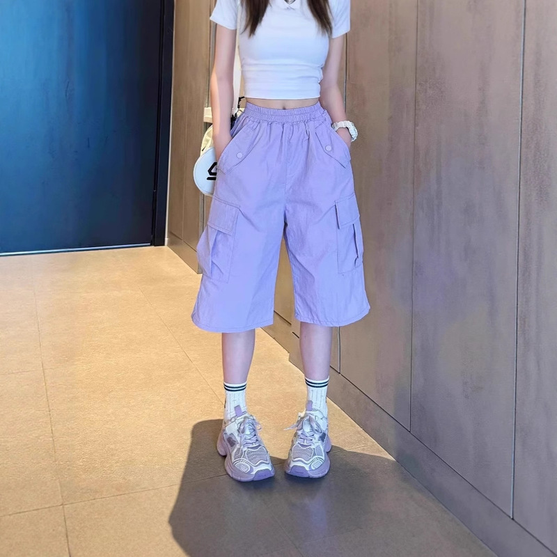 Girls Cargo Shorts 2025 Summer Thin American Retro Loose Sports Casual Mid-Pants Kidsren's Five-Point Pants