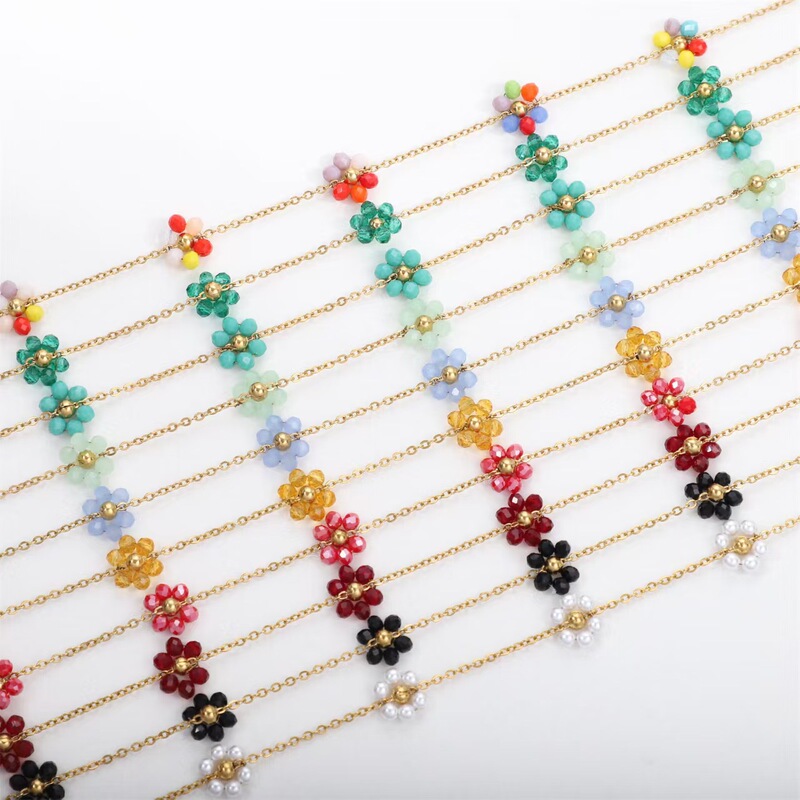European and American Cross-Border Titanium Steel Woven Flower Pearl Necklace Beaded Chain Clavicle Chain Bracelet Jewelry Wholesale Cross Pendant