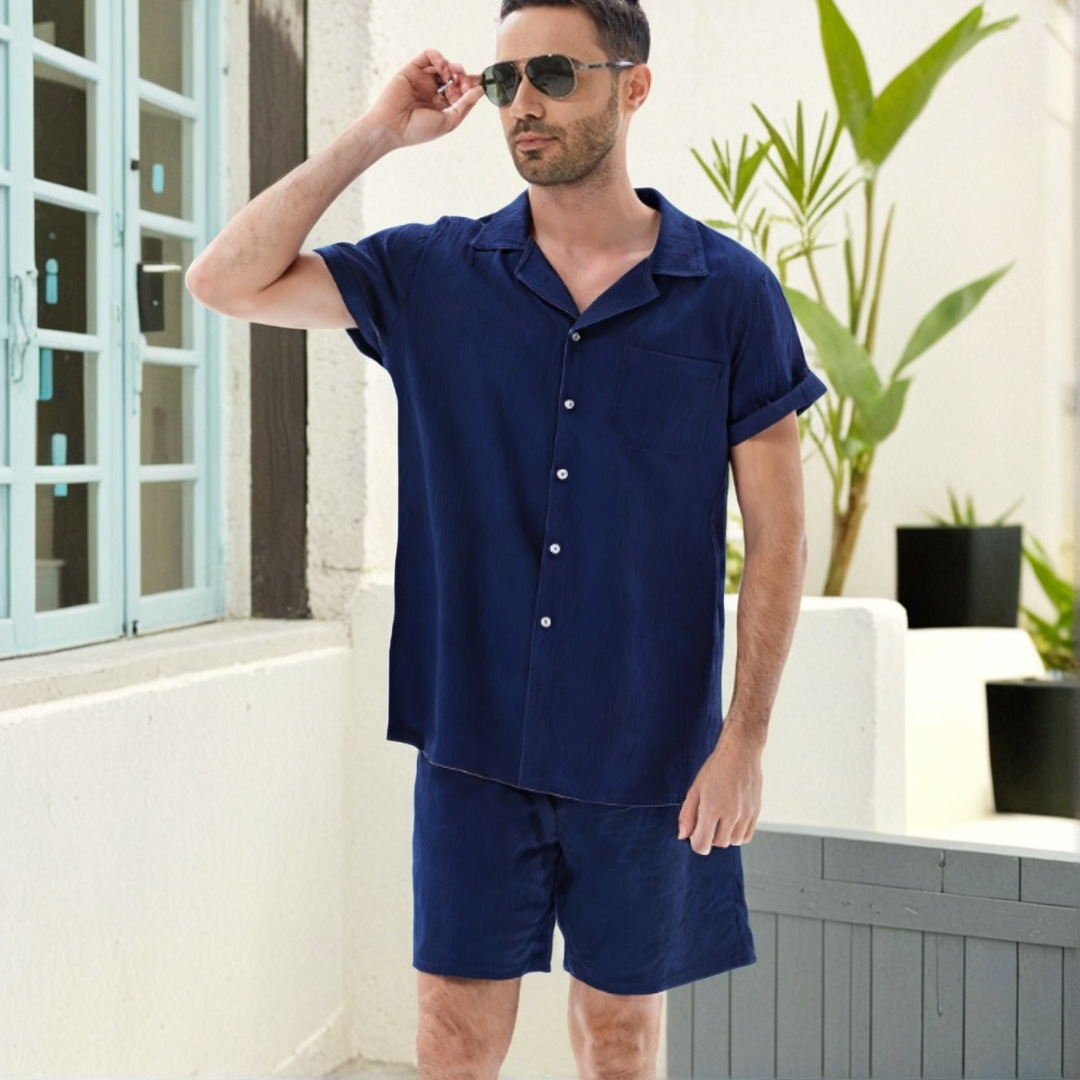 2023 verano transfronterizo algodón y lino de los hombres de color sólido solapa de moda camisa de manga corta pantalones cortos traje de dos piezas preventa