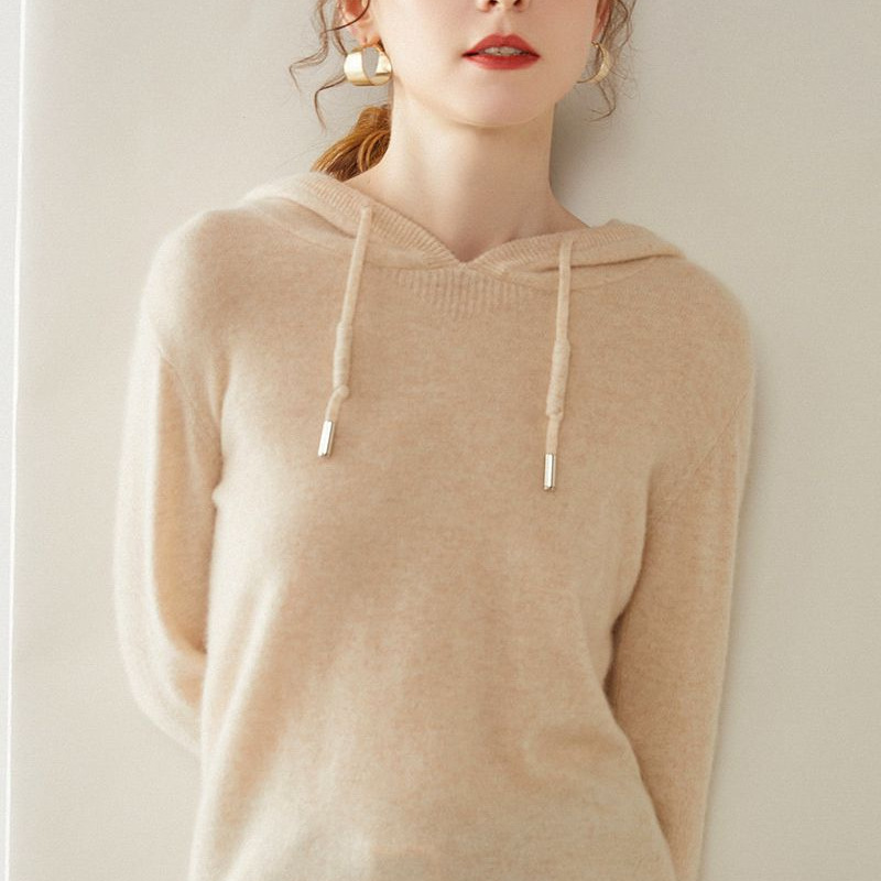 Hooded Cashmere Sweater Autumn New Women's 12-Stitch Wool Knitted Bottoming Sweater Gentle Style Loose Slimming Look Outer Sweater