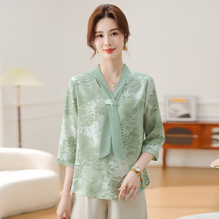 Middle-Aged Mom's Summer Blouse Stylish Thin Middle-Aged Women's Base Shirt Elegant Tummy-Covering Top