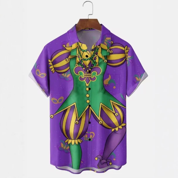 Carnival Shirts, Men's and Women's 3D Printed Fashionable Festival Short-Sleeved Button-Down Shirts, Sports Casual Shirts