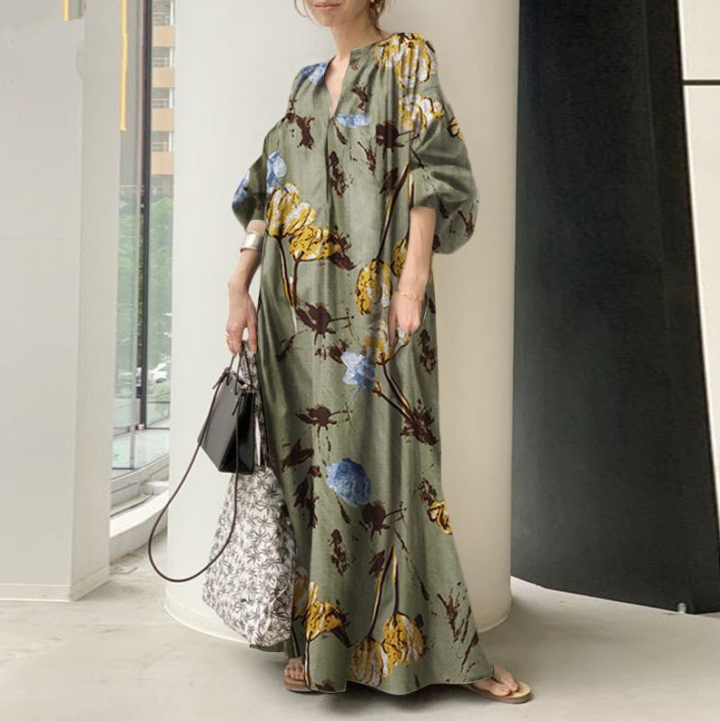 2025 Cotton and Linen Printed V-Neck Simple Loose Casual Long Plus-Size Dress for Women, Ideal for Commuting 2025 Cotton and Linen Printed V-Neck Simple Loose Casual Long Plus-Size Dress for Women, Ideal for Commuting