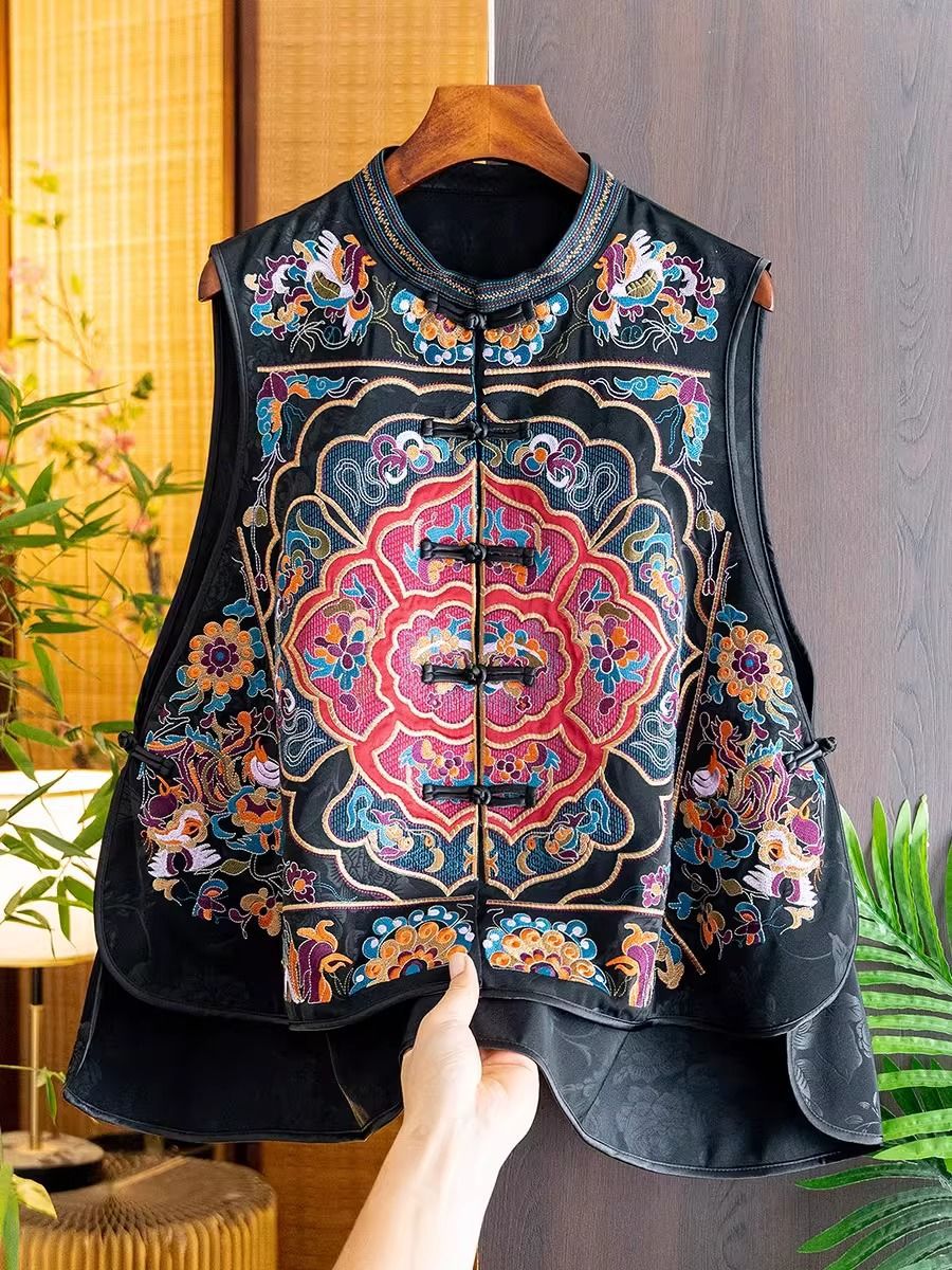Retro negro suelta chaleco exterior para las mujeres 2023 otoño nueva moda nacional bordado pesado jacquard