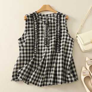 Real Shot of Korean Sleeveless Vest Plaid Babydoll Top Women's New Loose Ear-Hemmed Round Neck Shirt Summer
