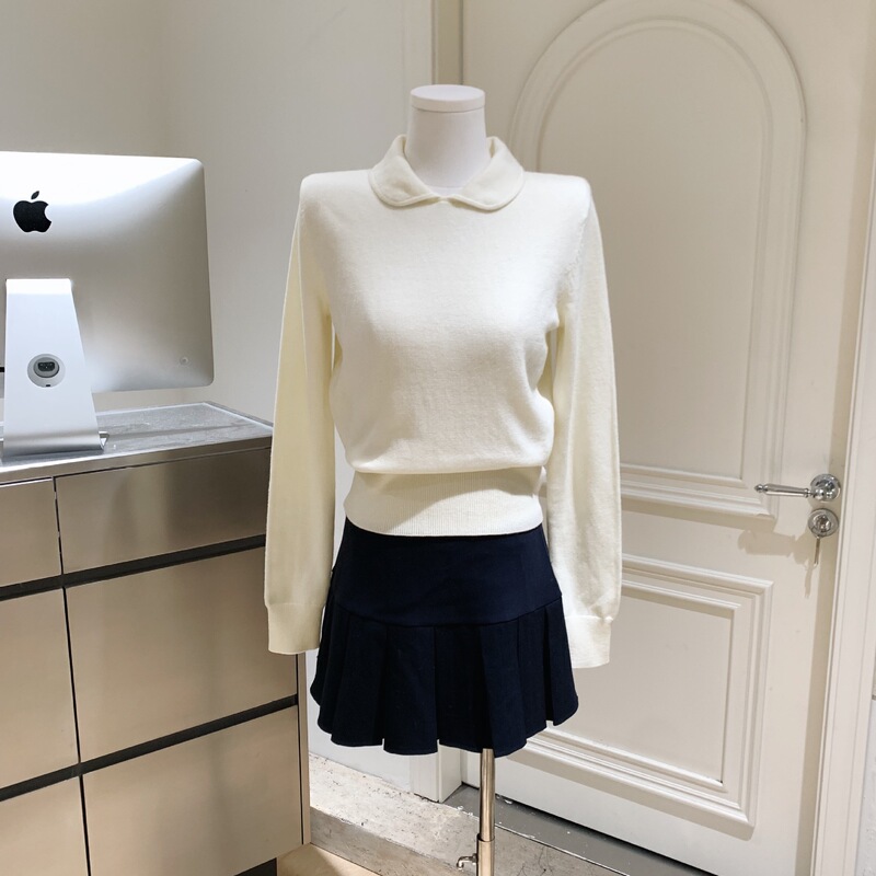 Off-White Doll Collar Long-Sleeved Knitwear Korean Preppy Style Polo Collar Pullover Knitwear for Women