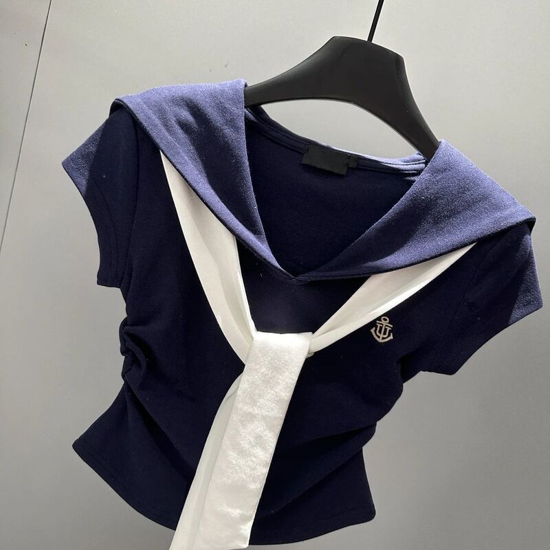 韩系学院风时尚撞色海军领短袖T恤女2025夏季新款修身显瘦上衣ins|undefined
