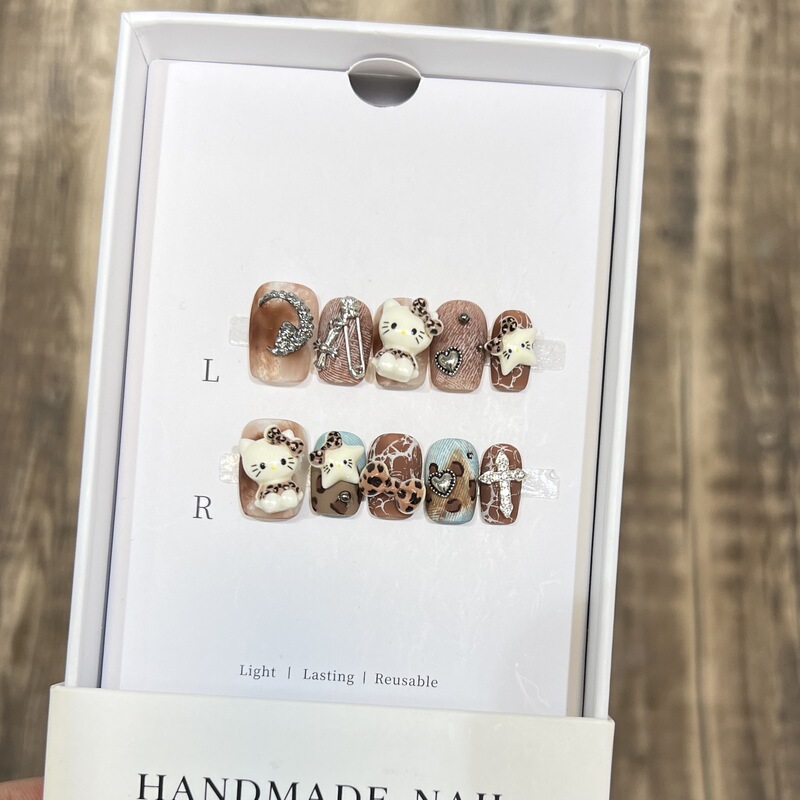 Dai Risen [Cowboy Kt Cat] Wearable Nails Purely Handmade Old Leopard Print Hand-Painted Manicure Metal Cross Nails