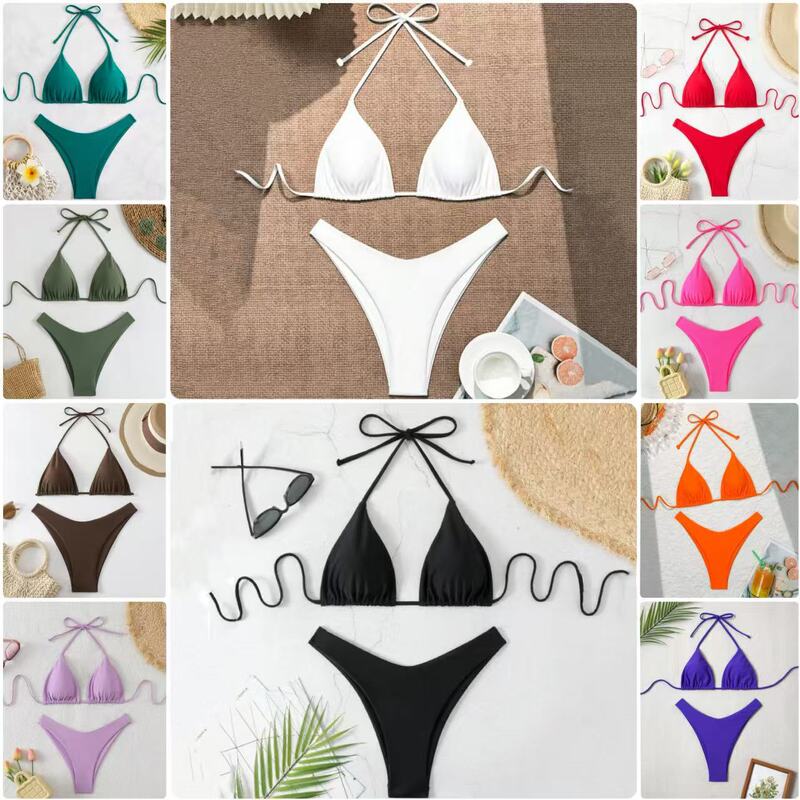 European and American New Swimsuit Women's Amazon Solid Color Beach Bikini High Waist Lace-up Foreign Trade AliExpress Sexy Swimsuit