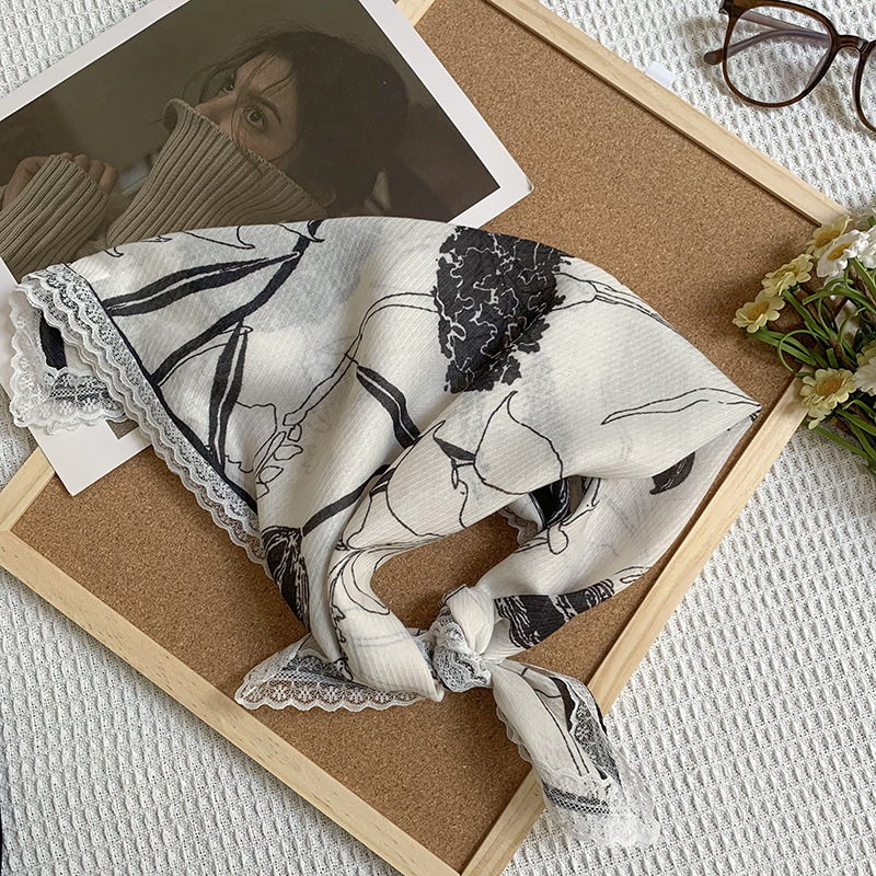 Bufanda de seda, bufanda cuadrada pequeña, sensación de alta calidad, nuevo pañuelo de encaje francés, diadema pastoral femenina de verano, cinta para el cabello atada