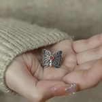 复古南红蝴蝶戒指女花丝镂空做新中式丝小众可调节指环珠宝批发