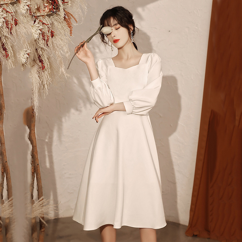 White Petite Light Wedding Dress 2026 New Style Long-Sleeved Elegant Long Bridesmaid Dress for Marriage Registration French Evening Dress White Petite Light Wedding Dress 2026 New Style Long-Sleeved Elegant Long Bridesmaid Dress for Marriage Registration French Evening Dress