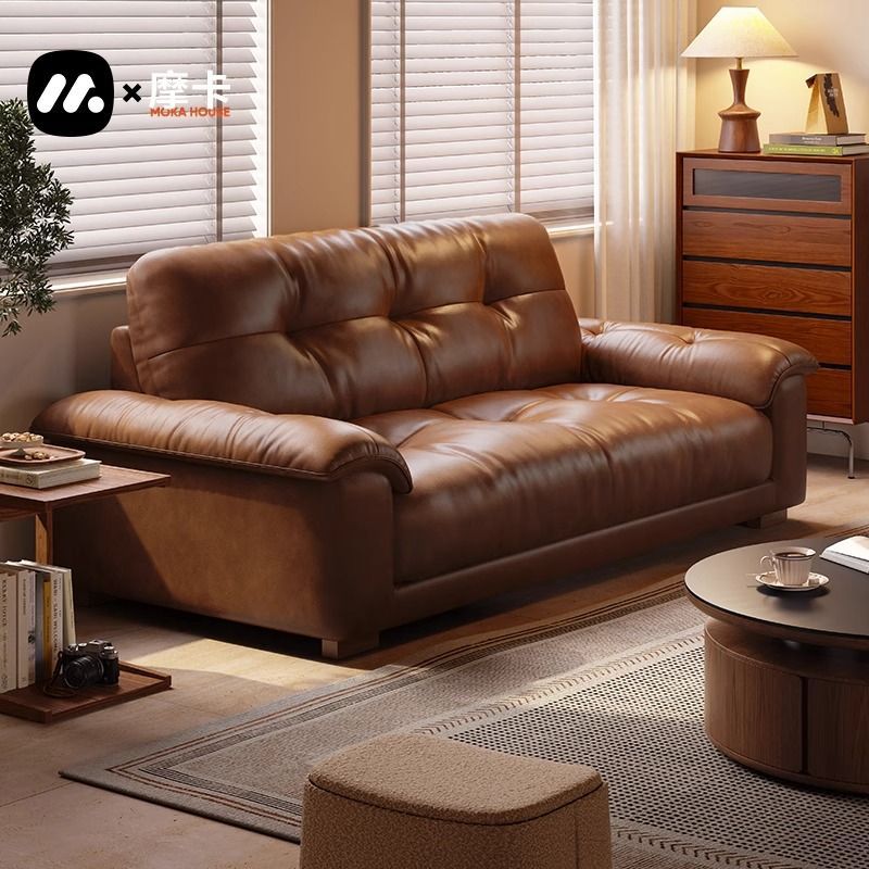 Vintage-Style Waxed Leather Sofa for Small Living Rooms, Antique Caramel Color Straight Sofa