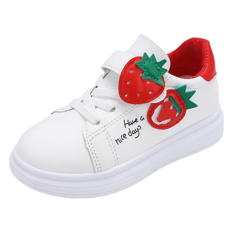 2022 primavera y otoño fresa plana zapatos blancos para los estudiantes niñas casual zapatilla blanca zapatos de estribo para 3-12 años de edad