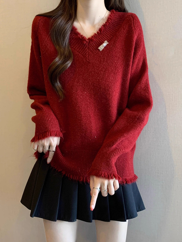 复系慵懒风韩系设计感毛衣女新款2025秋冬宽松外穿破洞针织衫|undefined