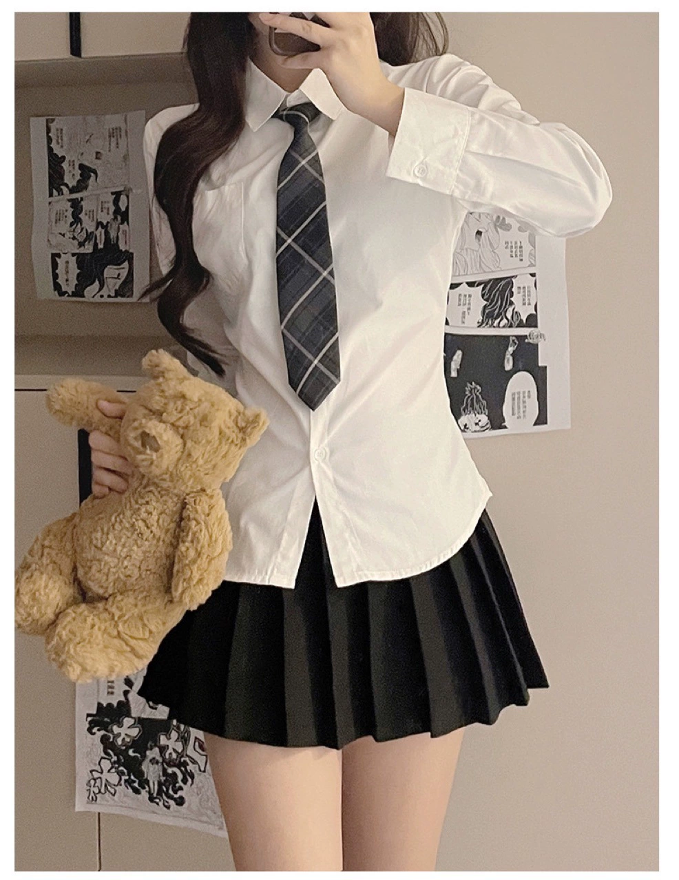 Поясничная осенняя рубашка, pleated юбка, комплект, slim fit
