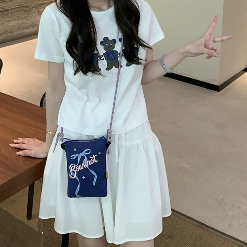 2024 New Ribbon Bow Letter Embroidery Crossbody Fresh One Shoulder Mobile Phone Bag for Women Literary