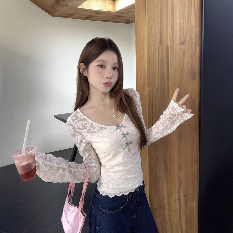 Original Lace Cotton Pure Lace Bow Hollow T-shirt with Strapless Chic Sweet Short Top