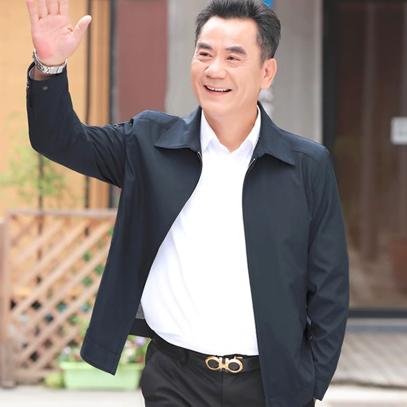 爸爸外套春秋薄款商务休闲抗皱中老年夹克衫上衣男士休闲拉链衫