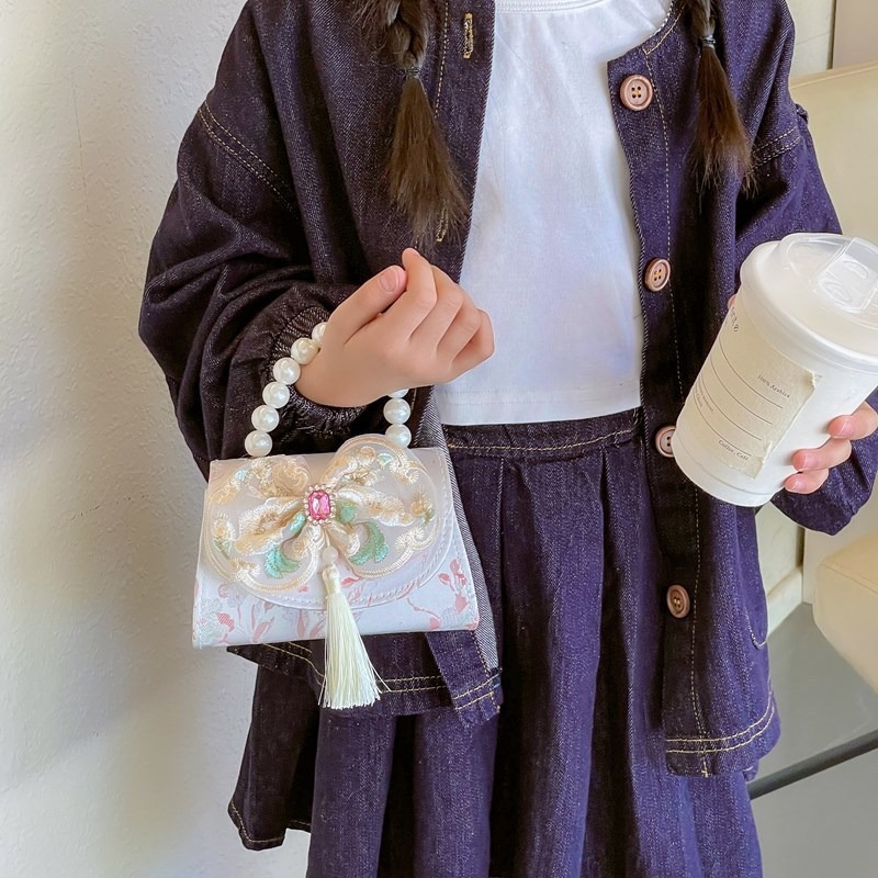 Hermoso bolso de arco de perla para niños nuevo estilo antiguo bolso de borda estilo chino colorido bolso de hombro con diamantes