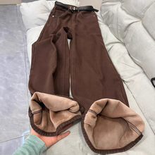 加厚加绒牛仔裤女冬季阔腿宽松高腰显瘦直筒裤女棕色加绒裤子女冬