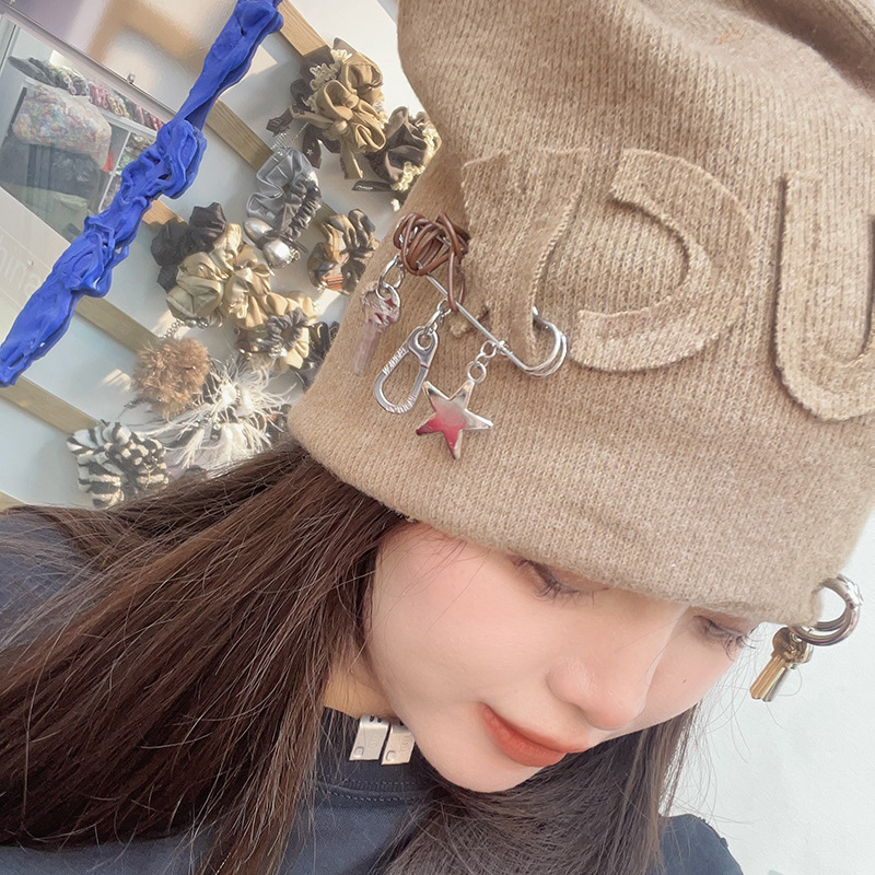 新款秋冬韩国网红LUCK英文冷帽女式显脸小毛线针织帽包头帽堆堆帽