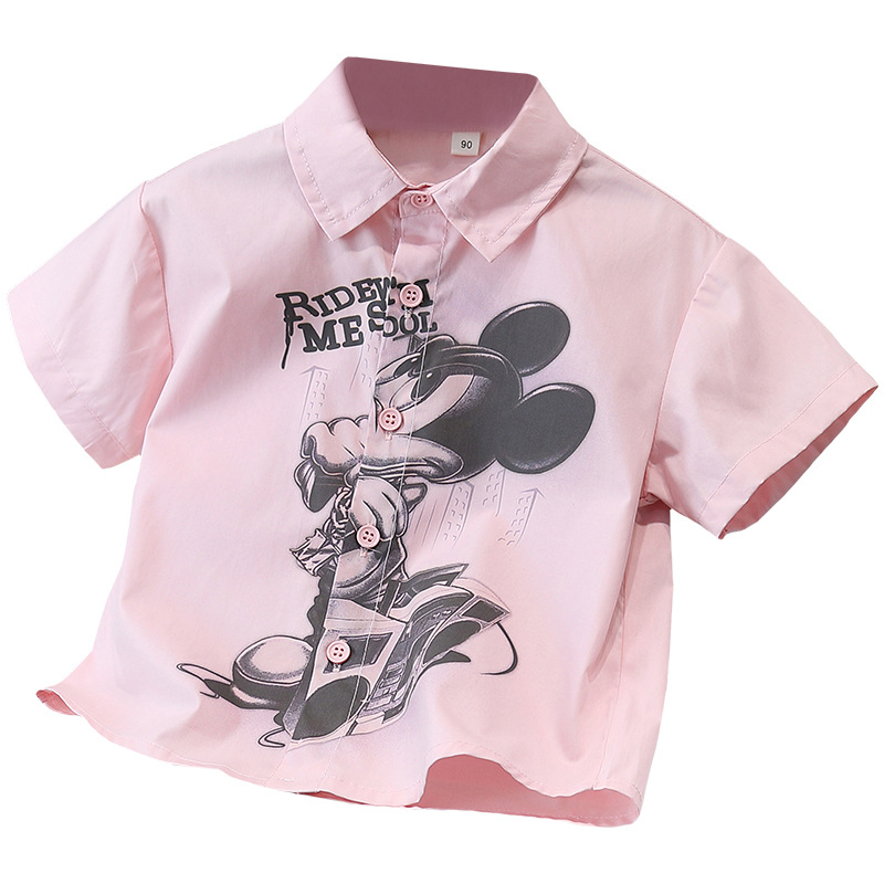 7273 Camisa rosa para niños 2025 nueva camisa de manga corta con estampado coreano para niños de verano