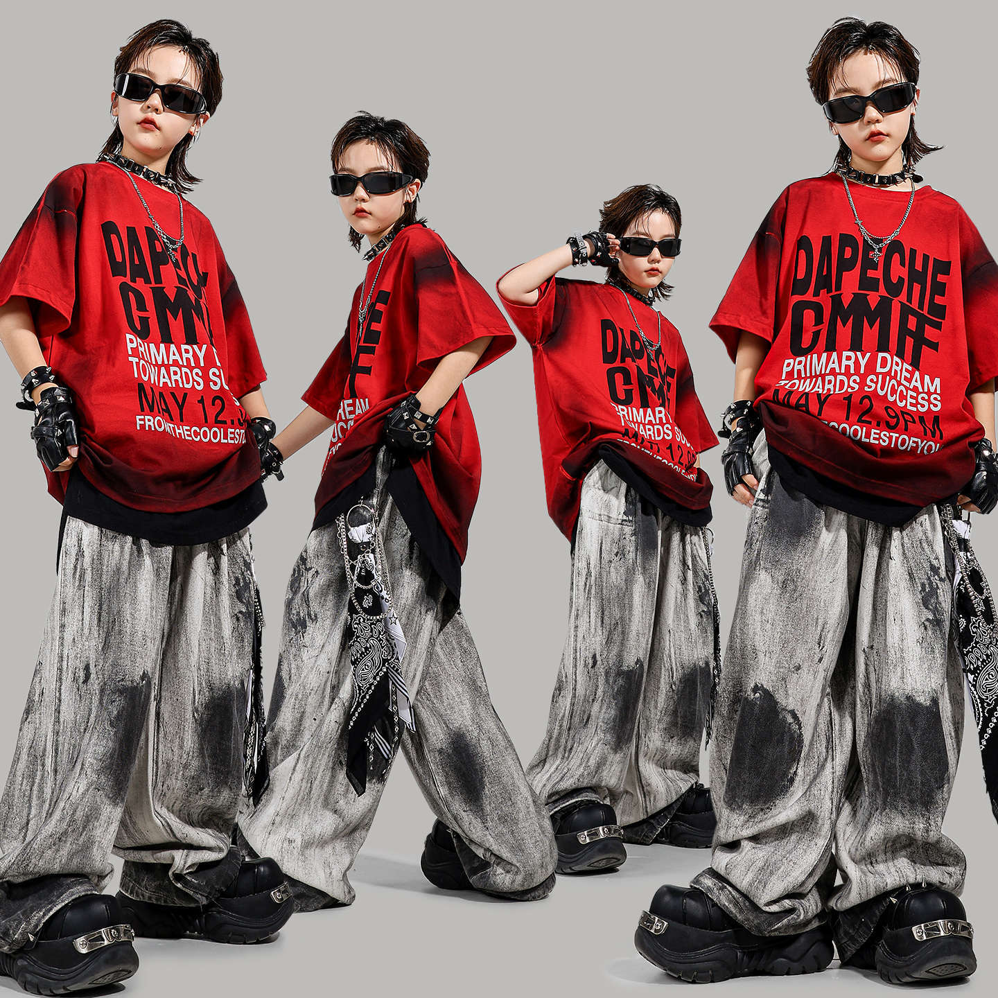 嘻哈童装潮牌街舞儿童潮服男童复古短袖套装hiphop女童潮装演出服