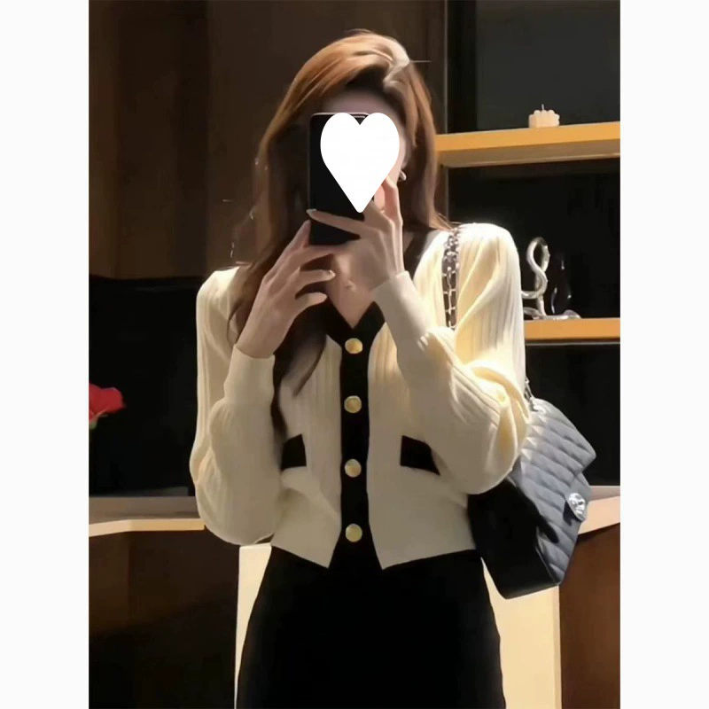 Нежный ароматный однобортный вязаный кардиган с V-образным вырезом и цветными блоками во французском стиле с длинными рукавами, куртка-свитер, Модный женский весенний Топ