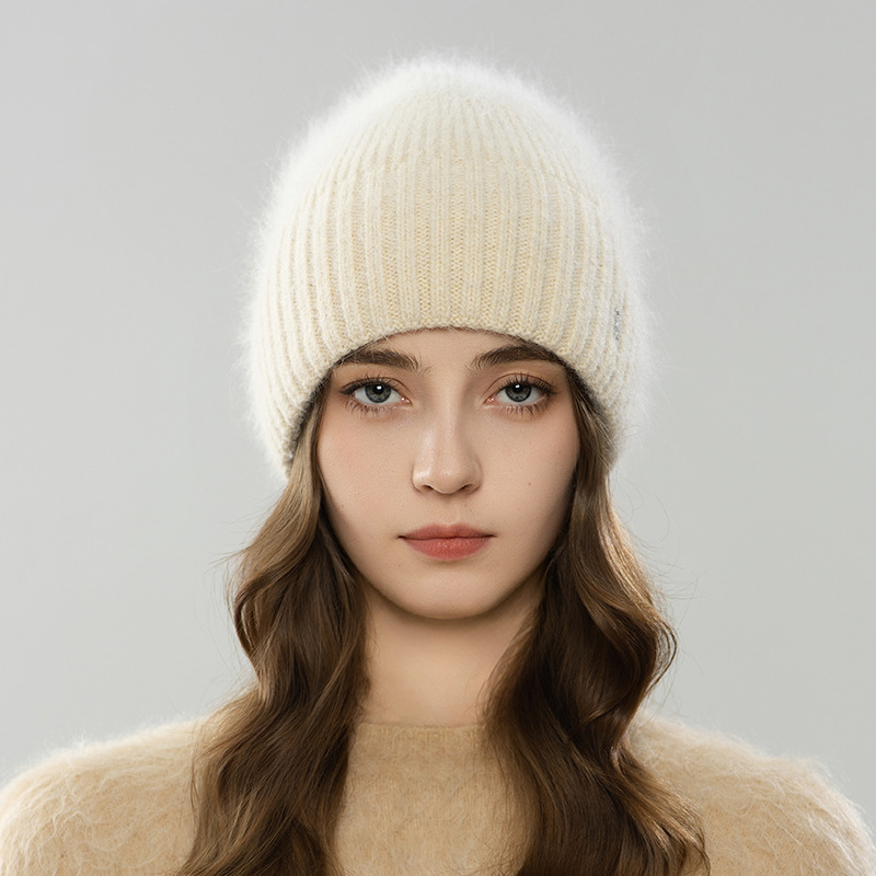 Mũ len beanie nữ lông thỏ dệt kim ấm áp mùa thu đông — màu be