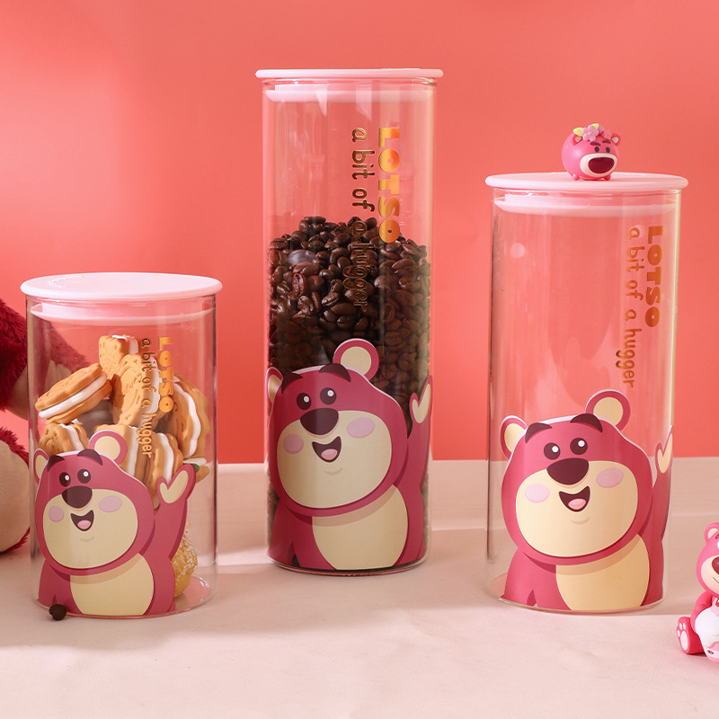 Tarro sellado de café de vidrio de oso de fresa Aperitivos de grado alimenticio Tarro de almacenamiento de dulces lindo de dibujos animados Tarro de regalo para niñas