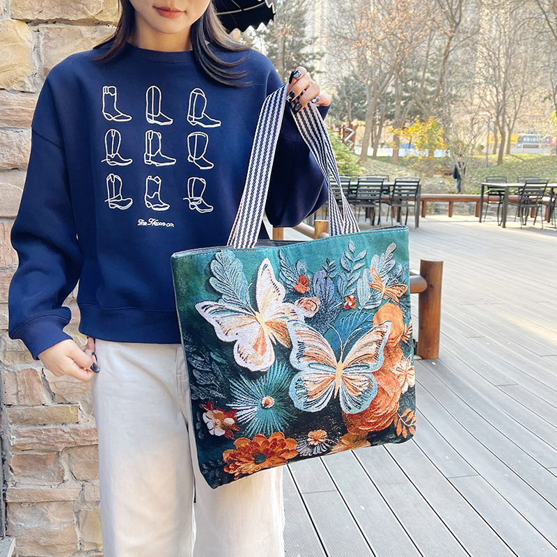 直播款猫咪卡通蝴蝶刺绣帆布包单肩包女包手提妈咪购物短途旅行包
