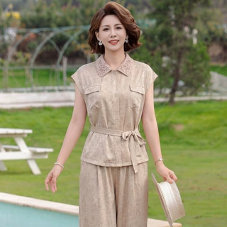 中年妈妈夏装套装高级感收腰衬衫中老年女夏季气质短袖上衣两件套