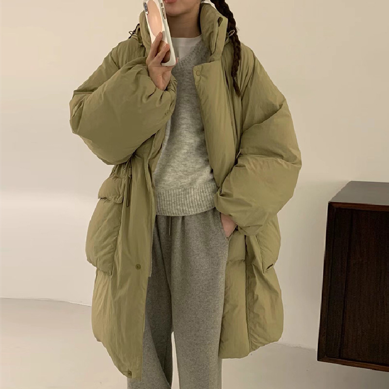 In-Stock 2025 Winter New Korean Style Simple Lace-Up Hooded Long Slim-Fit Warm White Duck down Jacket for Women