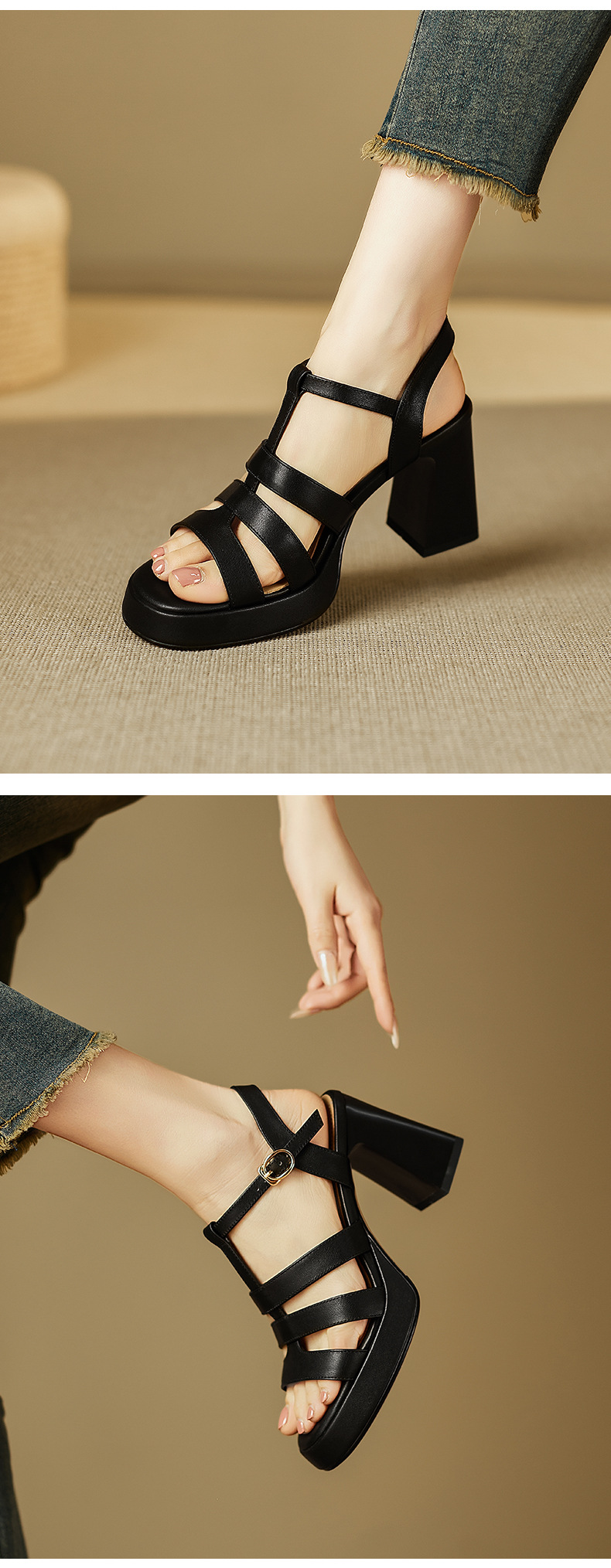 Sandal cao gót nữ quai chữ T kiểu La Mã gót dày 8.5 cm handmade — đen chi tiết 5
