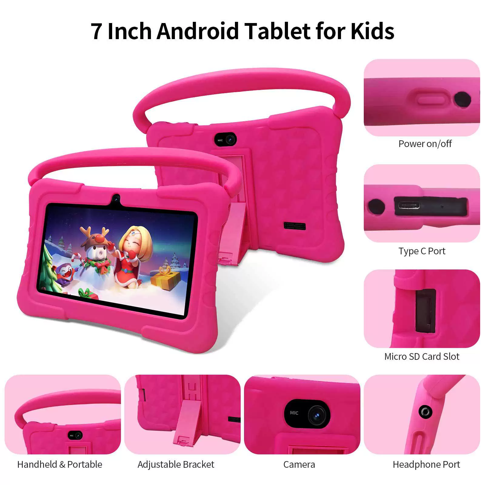 7‑inch kids tablet, silicone rubber protective sleeve with handle, 4GB+32GB, US/EU/UK options
