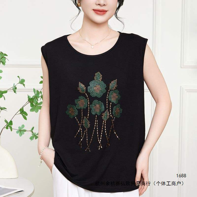 New style rhinestone embellished loose plus-size sleeveless vest for mothers, summer outerwear, simple and versatile stretchy T-shirt New style rhinestone embellished loose plus-size sleeveless vest for mothers, summer outerwear, simple and versatile stretchy T-shirt