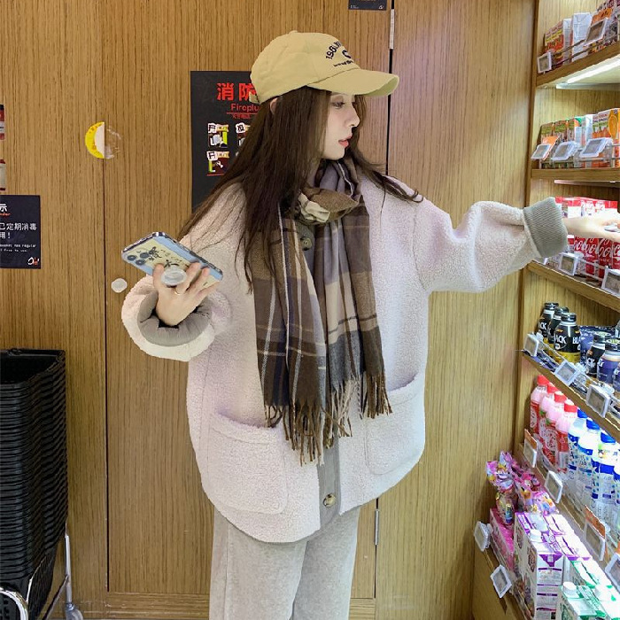 奶系穿搭外套女秋冬新款韩版仿羊羔毛加厚宽松中长款长袖上衣|undefined