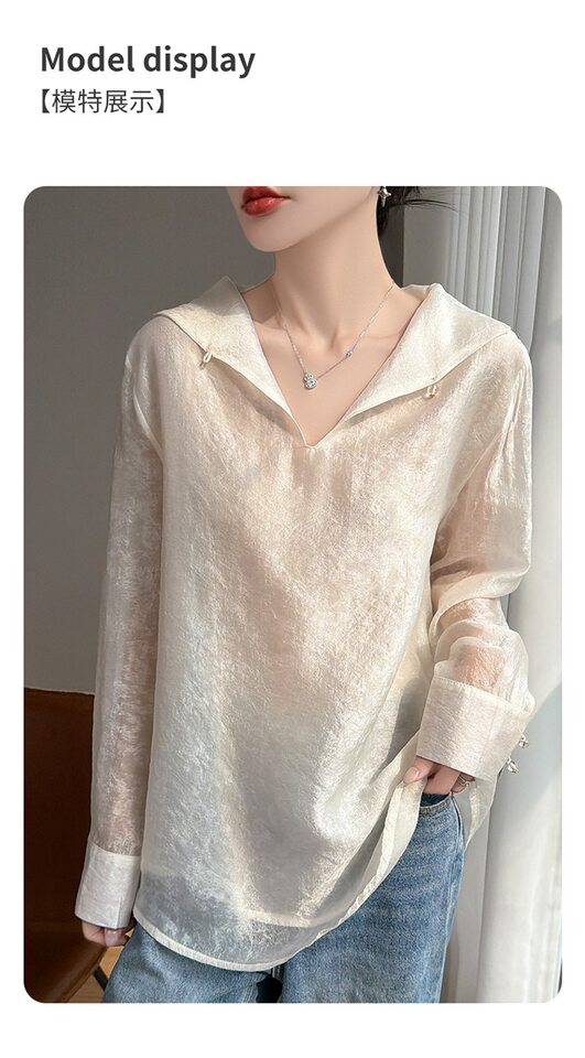 Áo sơ mi nữ cổ đứng tay dài vải Tencel mỏng nhẹ kiểu chui đầu — Màu hồng, Màu trắng, màu đen chi tiết 9