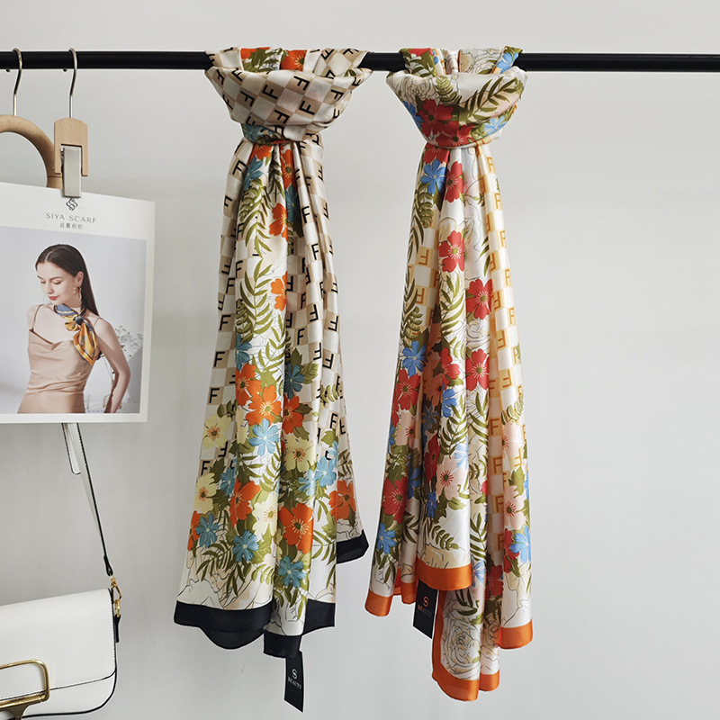 Nueva bufanda de seda con estampado naranja para mujer, moda coreana, seda de imitación, chal de protección solar de primavera y verano, bufanda de gasa exterior, toalla de playa